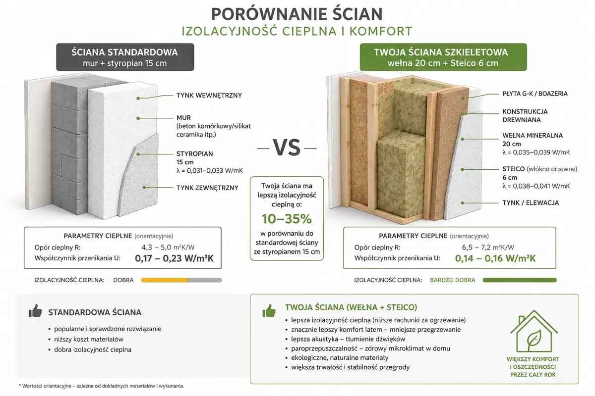 Porównanie ścian: ściana standardowa (mur i styropian 15 cm) względem ściany szkieletowej (wełna 20 cm i Steico 6 cm).