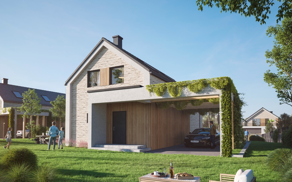 Dom modułowy - widok z boku na ogród 1 139 m²